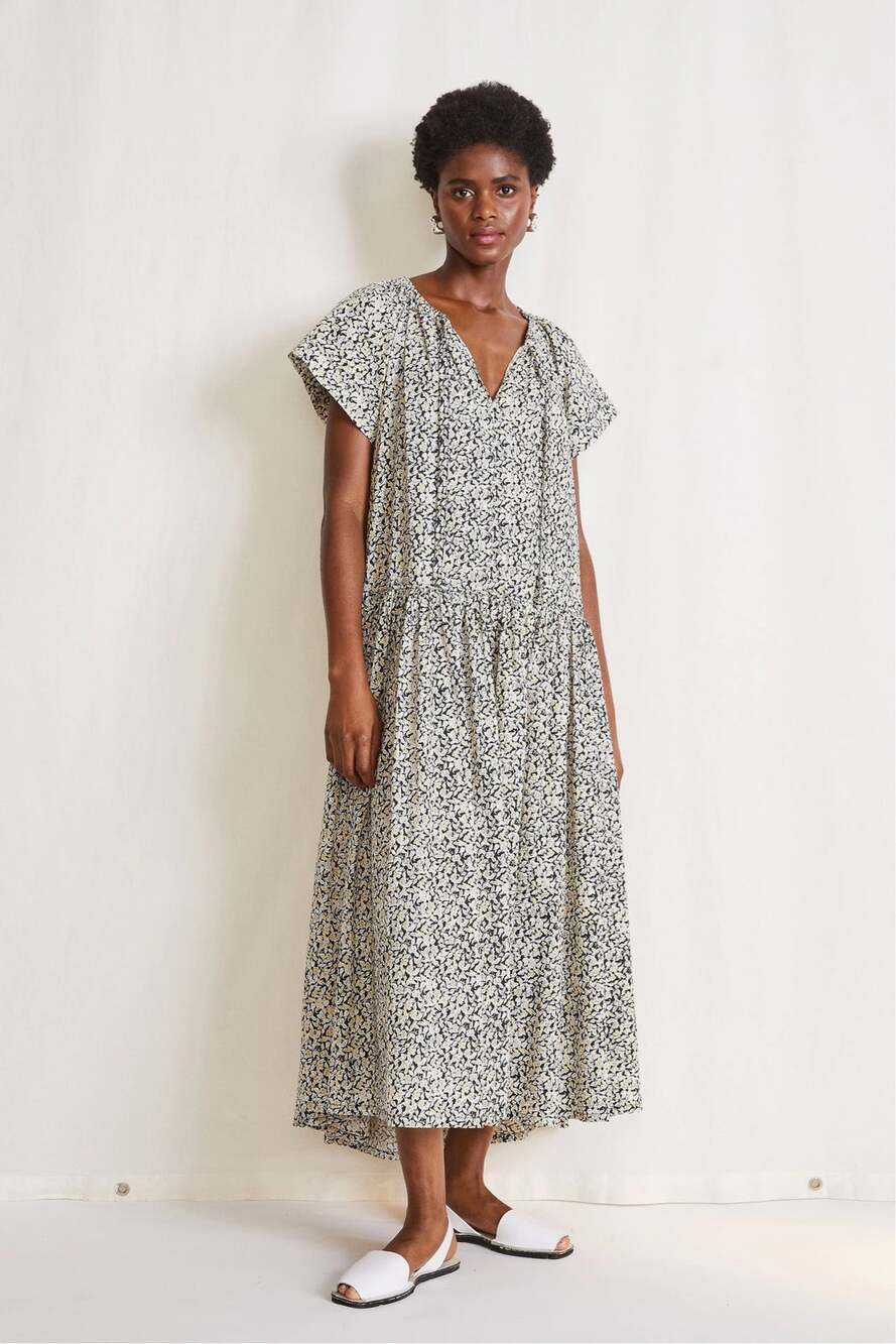 Apiece Apart Black White Floral Print Short Sleeve A-Line Cotton Maxi Dress S